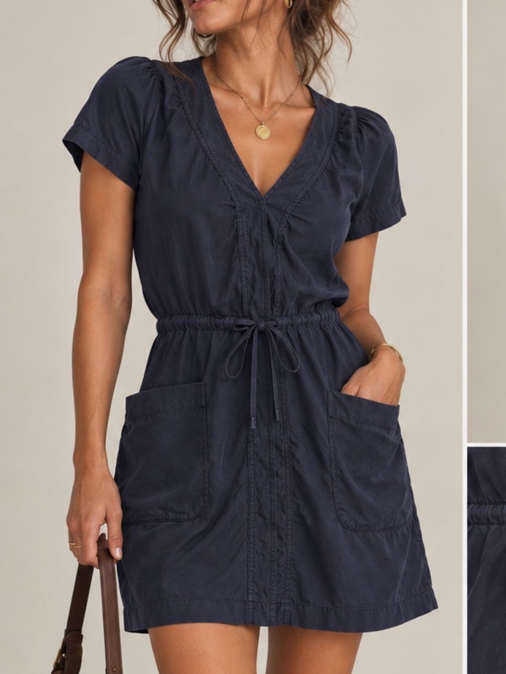 Navyw Silk Mini Dress | V-Neck Drawstring Waist | Pockets | Size 0